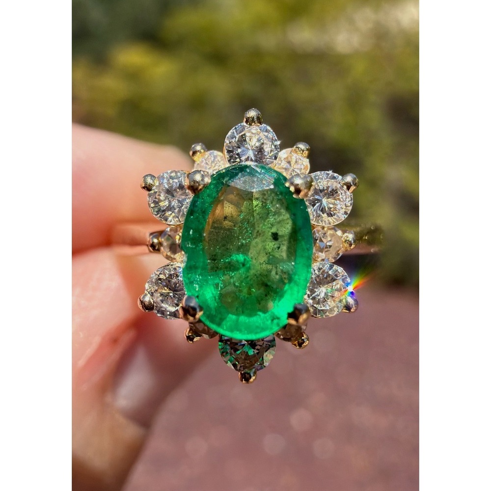 Vintage 14k Solid Yellow Gold Halo Natural Emerald Diamond Ring Size 5.25 3.37g